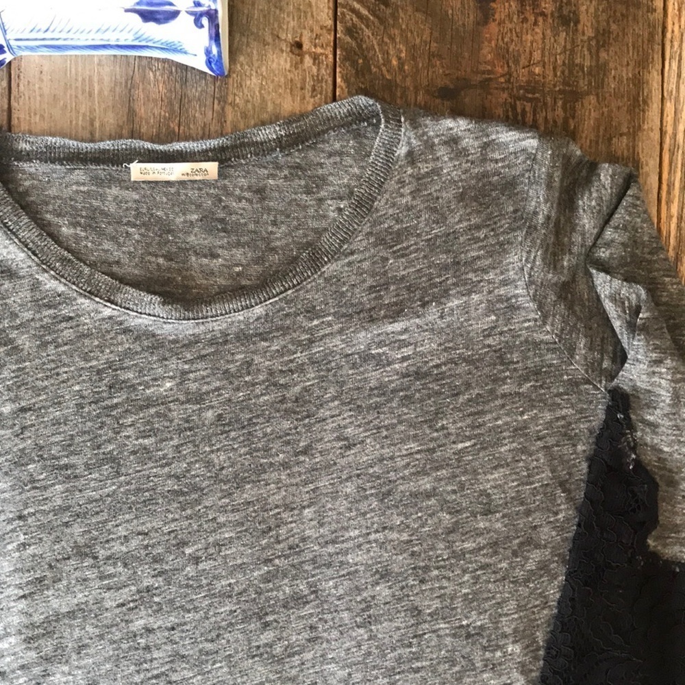 Zara Grey Top with Black Lace Insert Sleeves Size Medium